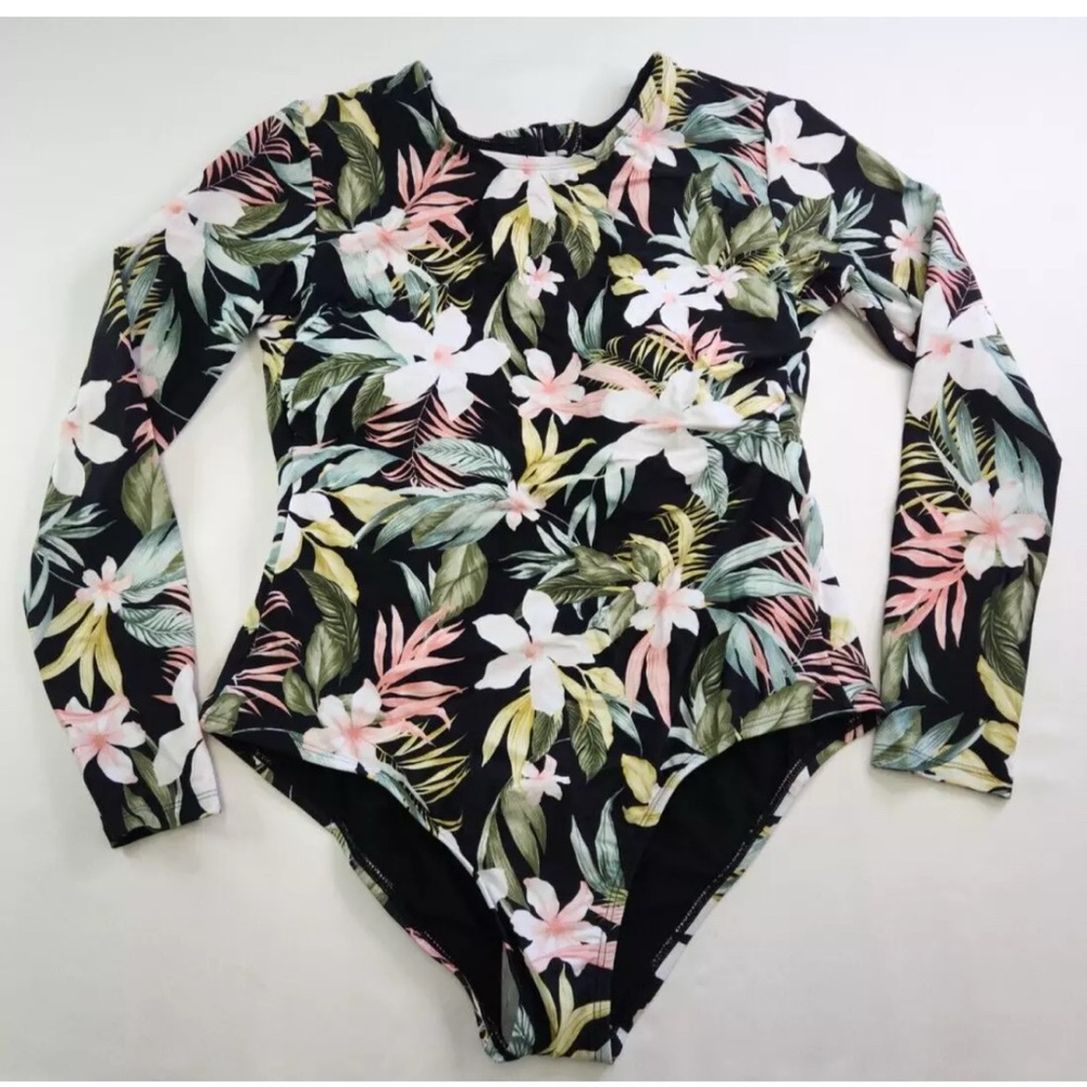 Kona Sol Tropical Print Long Sleeve One Piece Swimsuit Size M USED ONES  (box1)